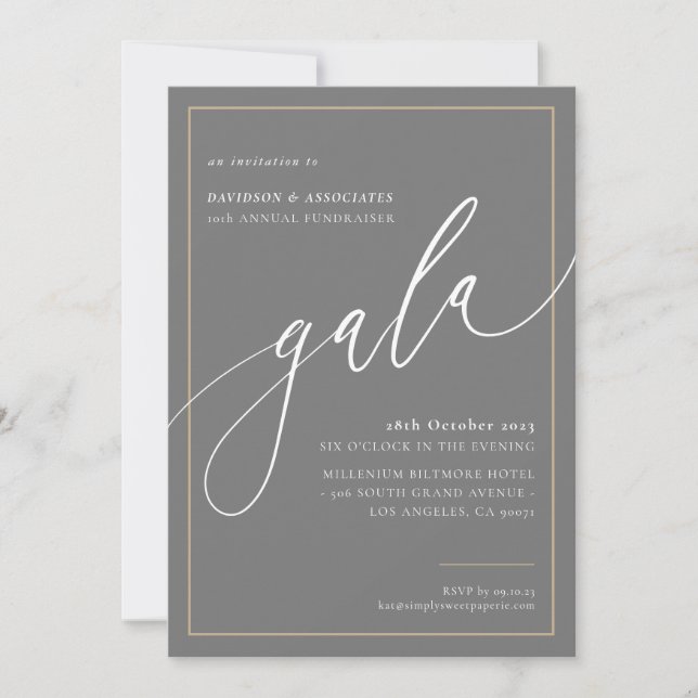 Invitation ELEGANT GALA calligraphie stylisée or gris formel (Devant)