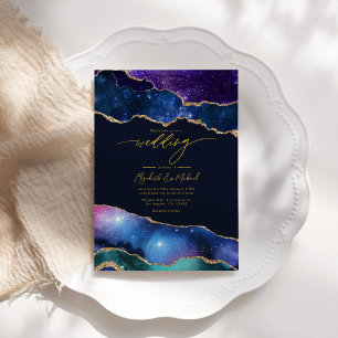 Invitation Élégant Galaxie Bleu, Violet & Agate Code QR Or