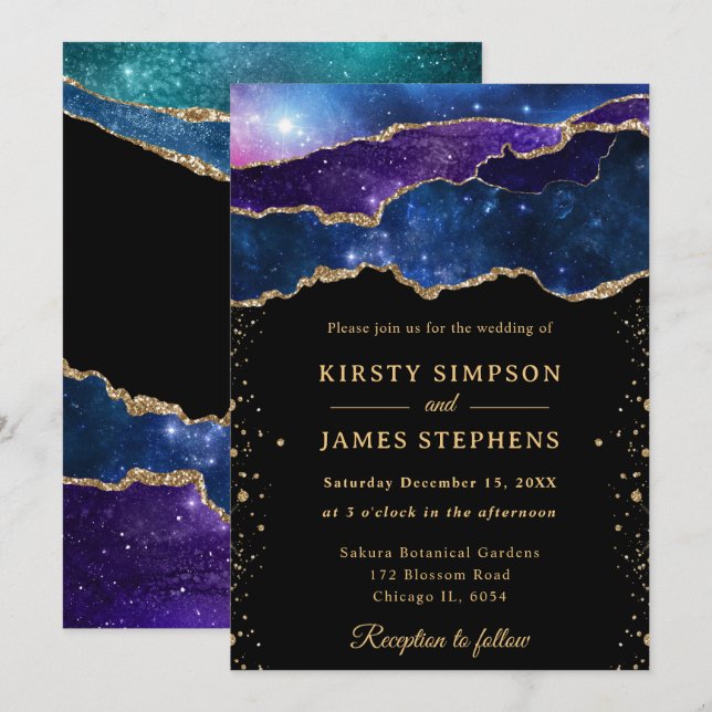 Invitation Élégant Galaxie et Parties scintillant or Mariage  (Devant / Derrière)