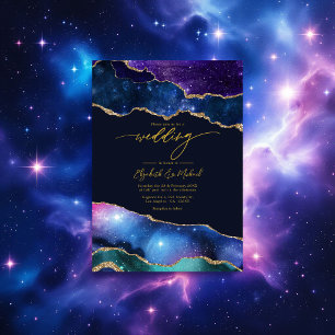 Invitation Elégant Galaxy Bleu, Violet & Or Agate QR Code