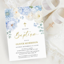 Élégant Garçon Baptême Croix Dorée Floral Bleu Pou