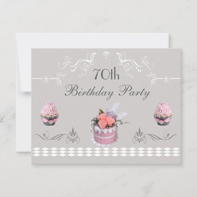 Invitation Elégant gâteau rose et gris 70e anniversaire (Devant)