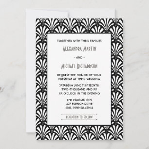 Invitation Elégant Gatsby Art Déco Mariage noir et blanc