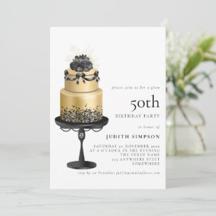 Invitation Élégant Glam Cake Florals Gold Black 50e anniversa