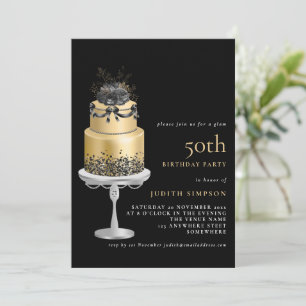 Invitation Élégant Glam Cake Florals Or 50e anniversaire Noir