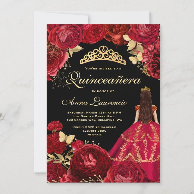 Invitation Élégant Glam Noir Or Rouge Quinceanera (Devant)