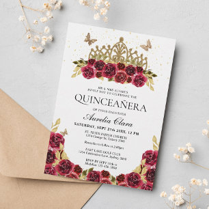 Invitation Élégant Glam Rouge Floral Or Tiara Quinceanera