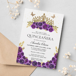 Invitation Élégant Glam violet Floral Or Tiara Quinceanera