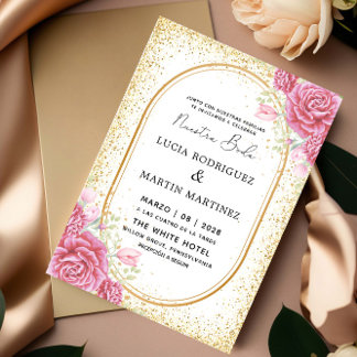 Invitation Elégant Gliter Floral Or espagnol Nuestra Boda