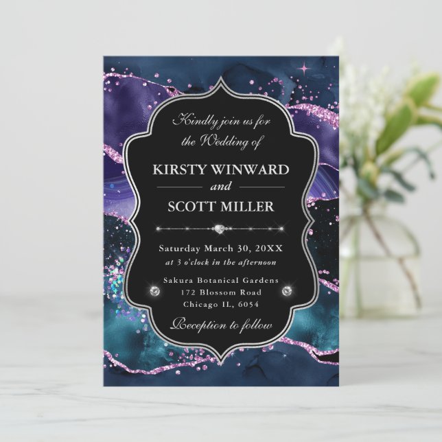 Invitation Elegant Glitter Agate Pink & Purple Wedding (Debout devant)