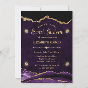 Invitation Élégant Glitter Agate Violet et Or Sweet Sixteen