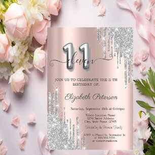 Invitation Elegant Glitter Argent Gouttes Rose Gold 11ème