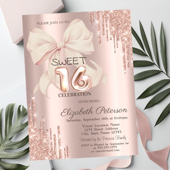 Invitation Elegant Glitter Drips Pink Bow Rose Gold Sweet 16  (Créateur téléchargé)