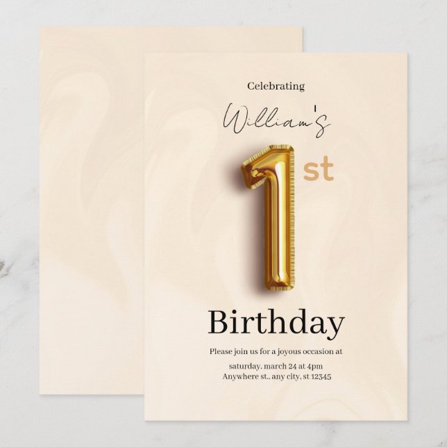 Invitation Elegant Gold 1st Birthday Invite, Minimalist Boy  (Devant / Derrière)