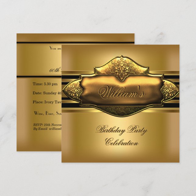 Invitation Elégant Gold Birthday Party Mens 60e (Devant / Derrière)
