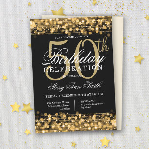 Invitation Élégant Gold & Black 50th Birthday Party Sparkles