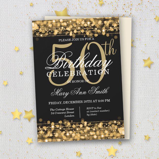 Invitation Élégant Gold & Black 50th Birthday Party Sparkles (Créateur téléchargé)