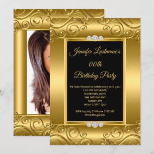 Invitation Elegant Gold Black Damask Photo Anniversaire