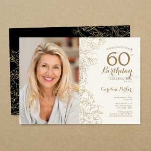 Invitation Elégant Gold Black Floral Photo 60e anniversaire