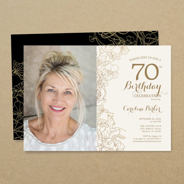 Invitation Elégant Gold Black Floral Photo 70e anniversaire (Créateur téléchargé)
