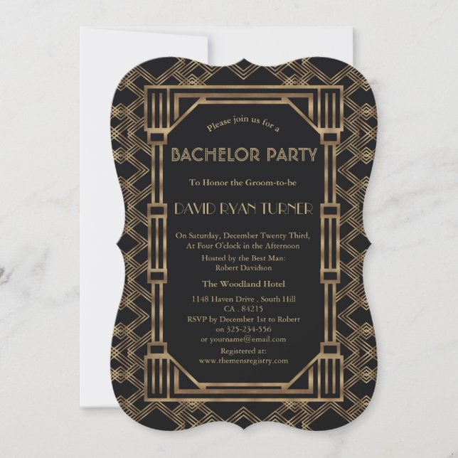 Invitation Elégant Gold Black Great Gatsby 20s Bachelor Party (Devant)