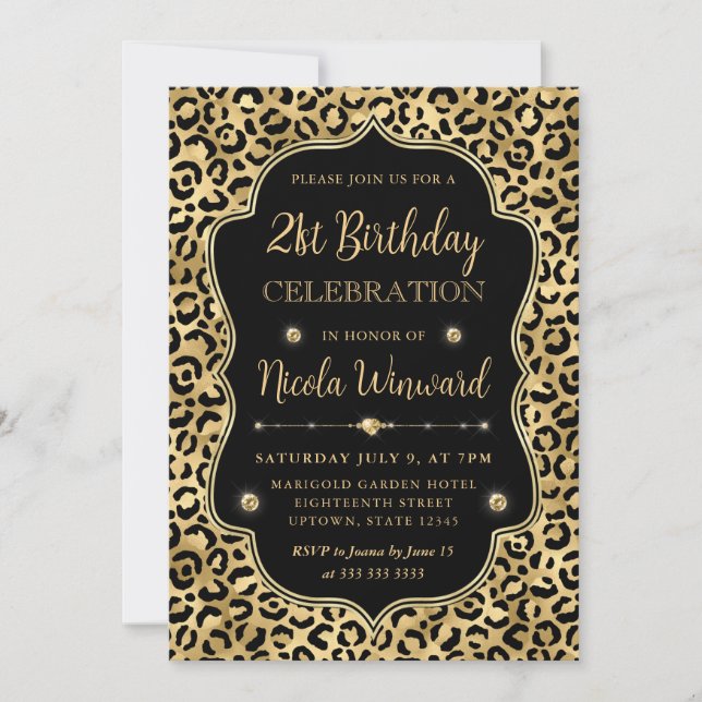 Invitation Elegant Gold & Black Leopard Print Birthday Party (Devant)