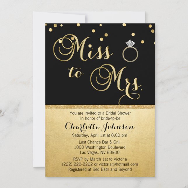 Invitation Elegant Gold Black Miss à Mme Fête des mariées (Devant)