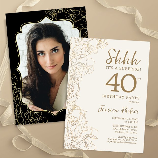 Invitation Elégant Gold Black Photo Surprise 40e anniversaire (Créateur téléchargé)