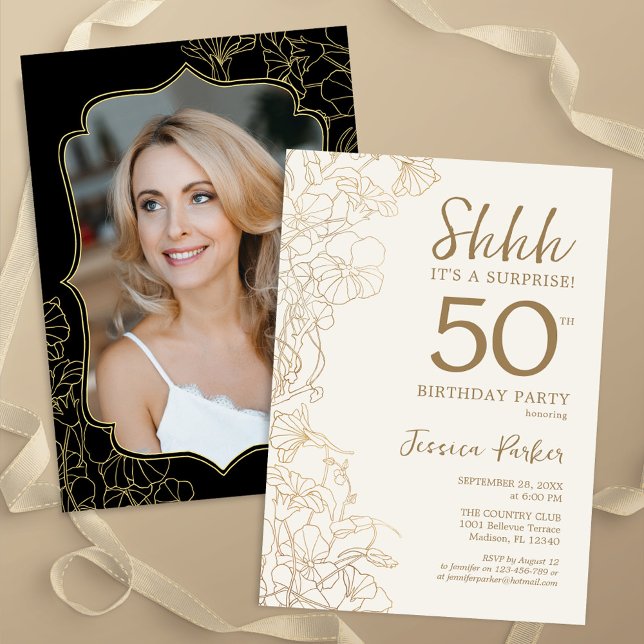Invitation Elégant Gold Black Photo Surprise 50e anniversaire (Créateur téléchargé)