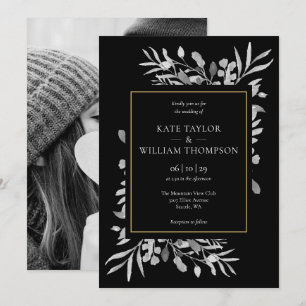 Invitation Elégant Gold Black White Foliage Mariage photo