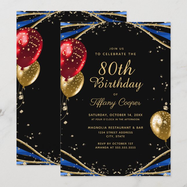 Invitation Elégant Gold Blue Agate 80e anniversaire (Devant / Derrière)