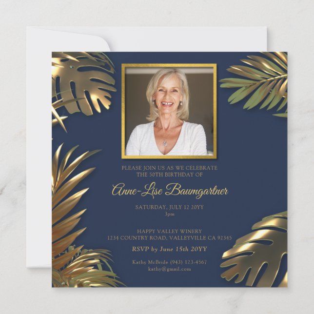 Invitation Elégant Gold Blue Photo 50e anniversaire (Dos)