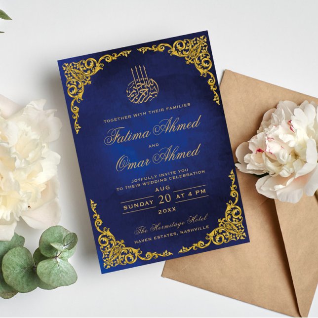 Invitation Elégant Gold Border Bleu islamique Mariage musulma (Créateur téléchargé)