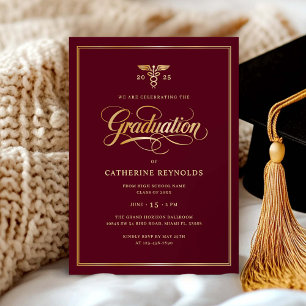 Invitation Elégant Gold Burgundy Médicale Graduation Party