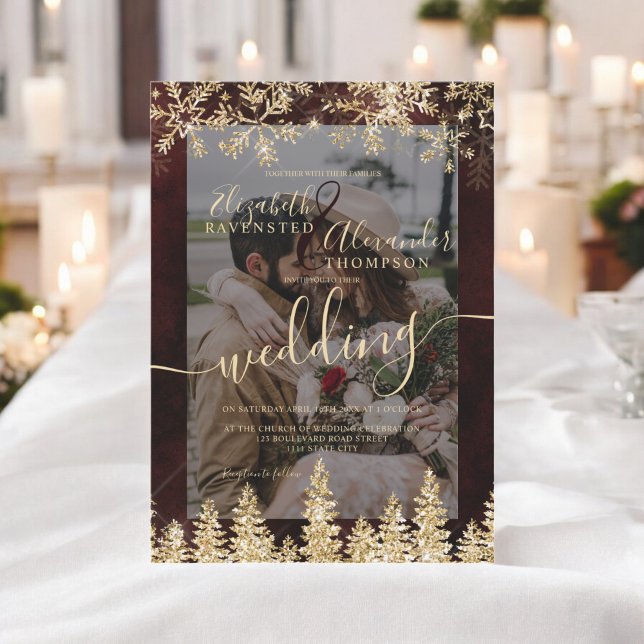 Invitation Elegant Gold Chic Mariage photo de Noël hiver (Elegant Gold Chic Winter Christmas Photo Wedding Invitation)