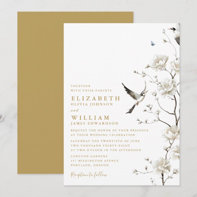 Invitation Elégant Gold Chinoiserie Floral Garden Wedding (Devant / Derrière)