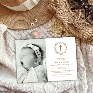 Invitation Élégant Gold Classic Photo Cross Wreath Baptism