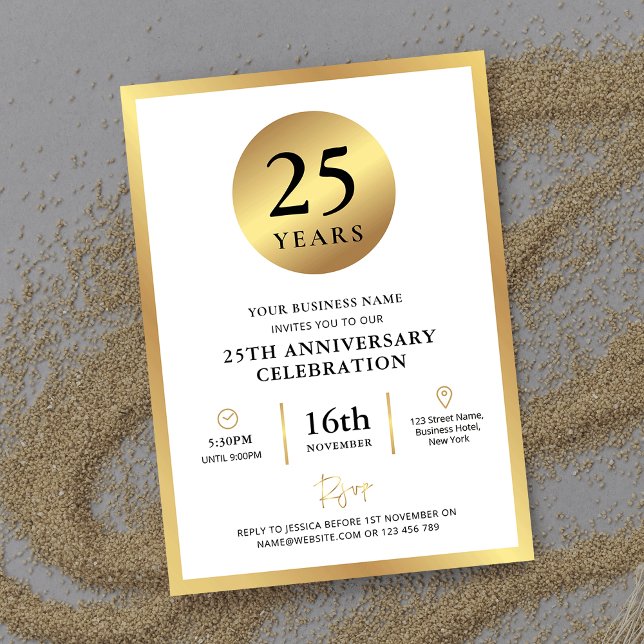 Invitation Elegant Gold Company Événement Anniversaire d'affa (Elegant white and gold Business Birthday Invitation with fully editable text, perfect for your party)