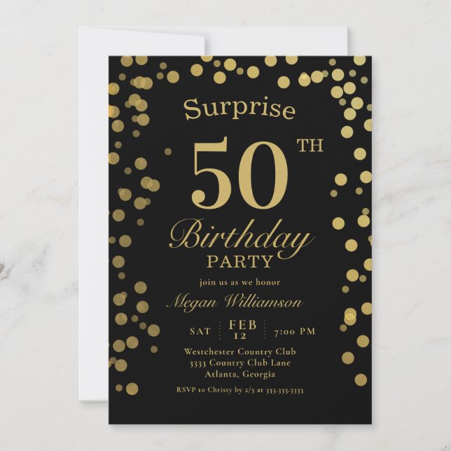 Invitation Elégant Gold Confetti Black Surprise 50e anniversa (Devant)