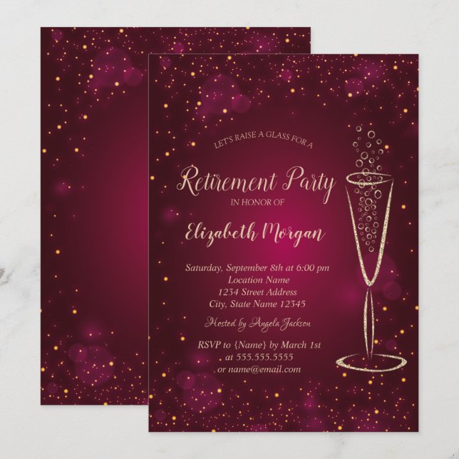 Invitation Élégant Gold Confetti Vin Verre Rouge Retraite (Devant / Derrière)