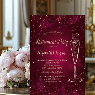 Invitation Élégant Gold Confetti Vin Verre Rouge Retraite
