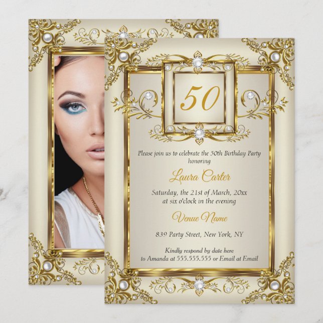 Invitation Elegant Gold Cream Pearl Photo fête d'anniversaire (Devant / Derrière)
