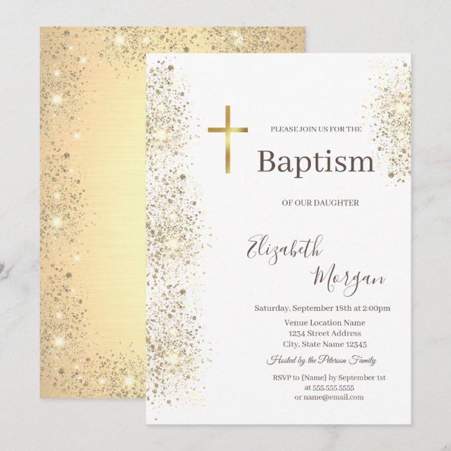 Invitation Elégant Gold Cross Baptism Gold Parties scintillan (Devant / Derrière)