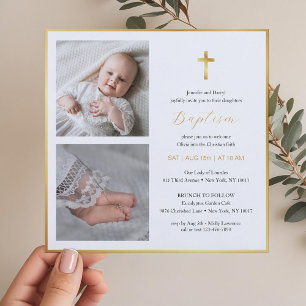 Invitation Elégant Gold Cross Baptism   Script moderne