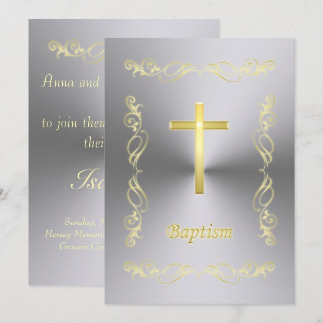 Invitation Elégant Gold Cross Baptism sur métal arrière - pla (Devant / Derrière)