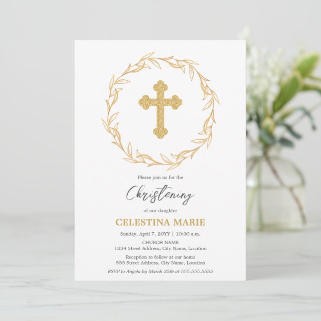 Invitation Elégant Gold Cross Christening (Debout devant)