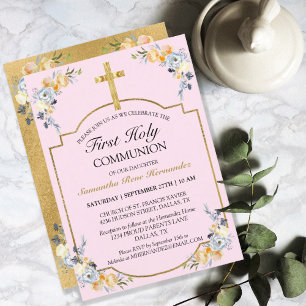 Invitation Elégant Gold Cross PInk Floral 1ère Sainte Communi