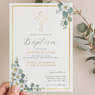 Invitation Elégant Gold Cross Simple Floral Baptism