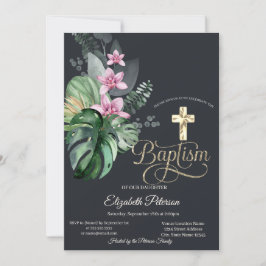 Invitation Elégant Gold Cross Tropical Flowers Dark Baptism