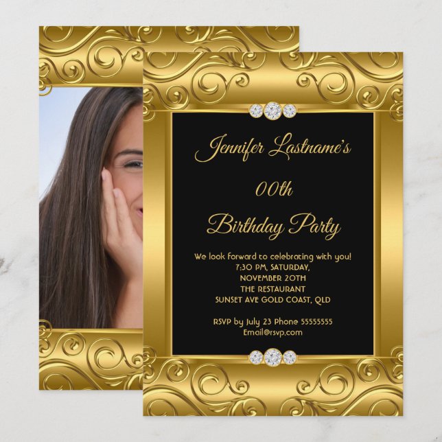 Invitation Elegant Gold Damask Photo fête d'anniversaire (Devant / Derrière)